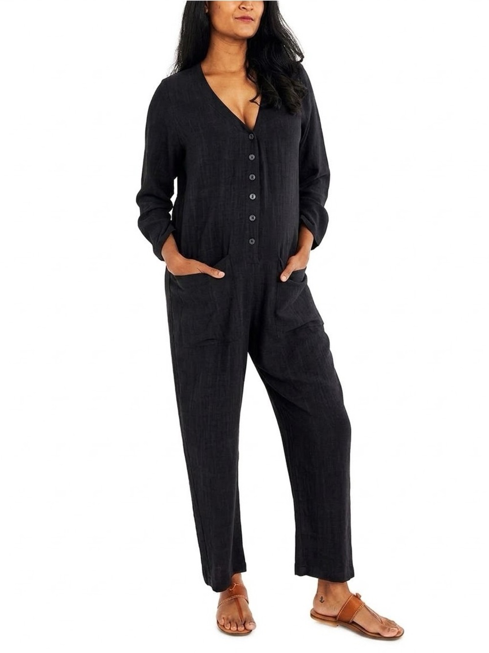 Rachel Pally Cotton Gauze Button Front Jumpsuit | Black | Large